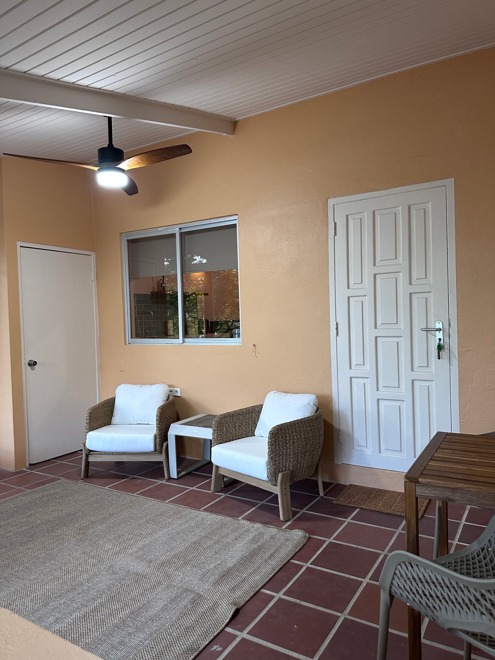 Terrace with seating area + dining table for two persons. Also small storage.
